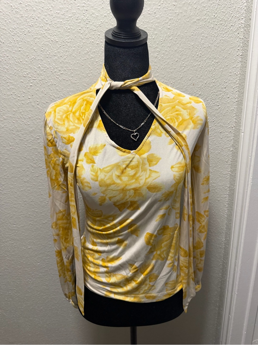 Banana Republic Yellow Floral Tie-Neck Long Sleeve Top